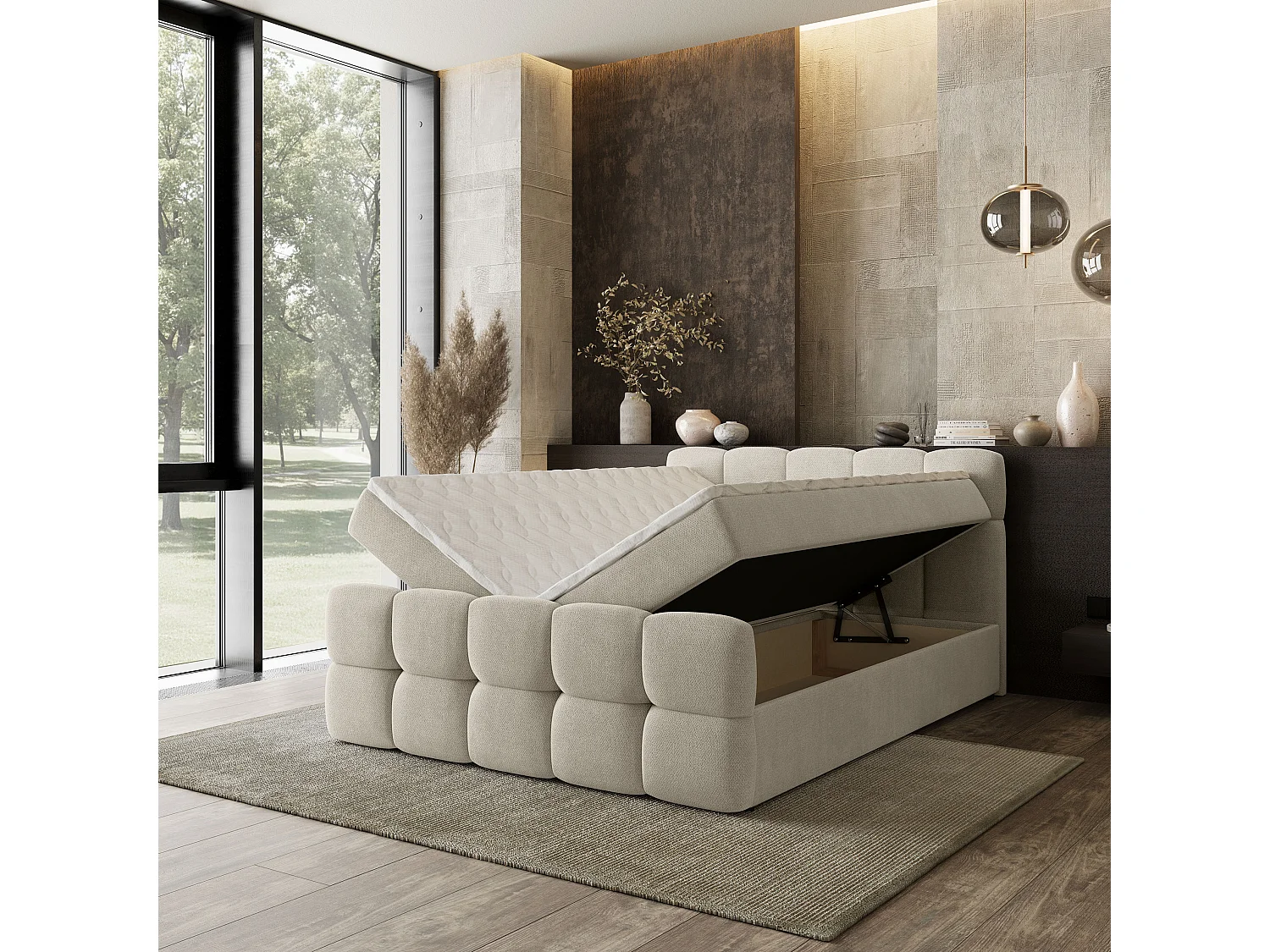 Boxspringbed BRUME 180x200 cm Set met hoofdbord, bedbodem en matras, Crème
