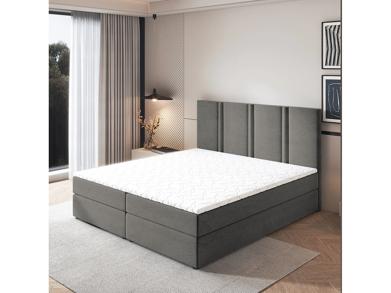 Lit continental LARIO, 140x200 cm, Tissu pelucheux, Gris