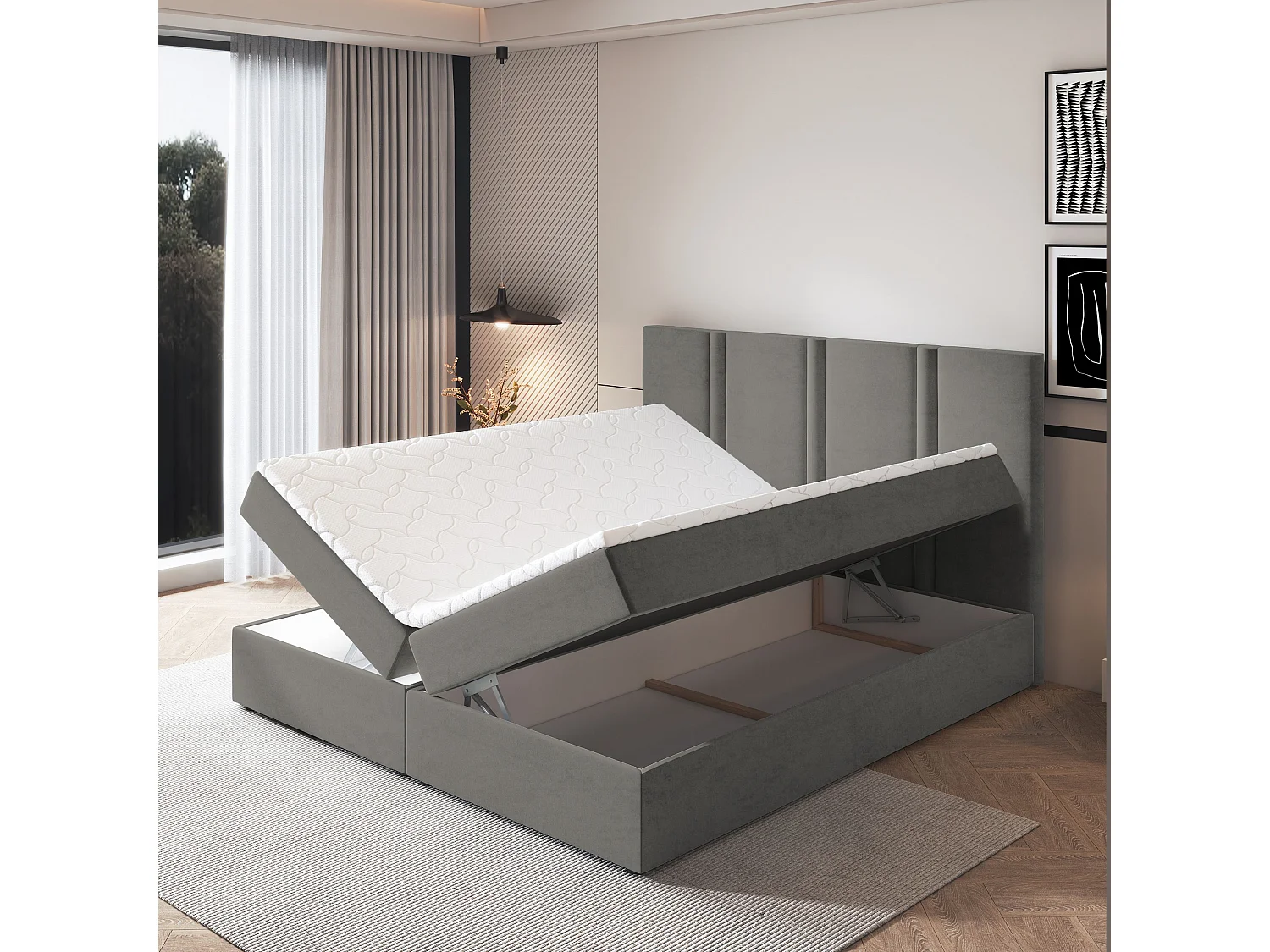 Lit continental LARIO, 140x200 cm, Tissu pelucheux, Gris