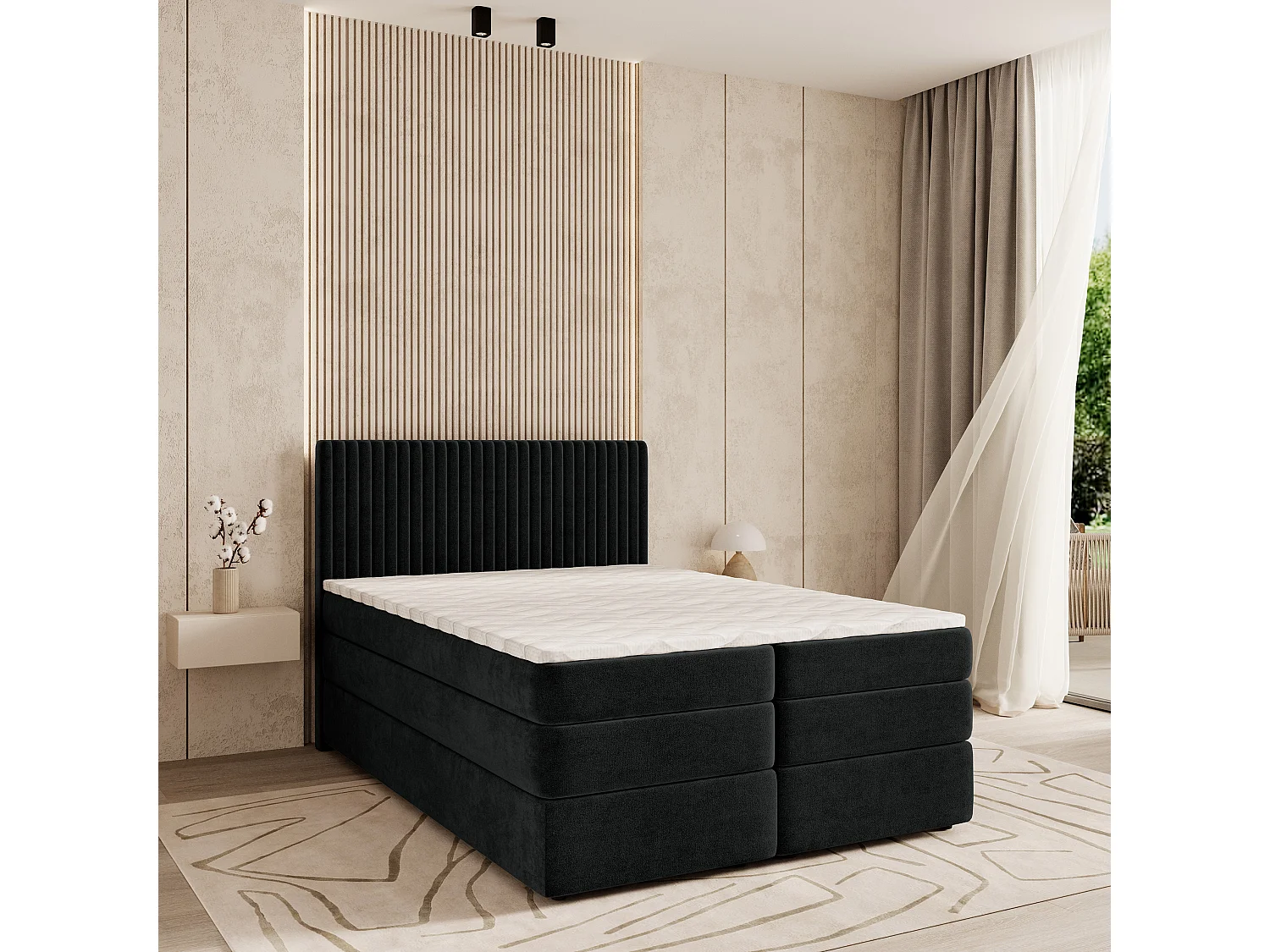 Boxspringbed FELBIO 140x200 cm Set met hoofdbord, bedbodem en matras, Zwart