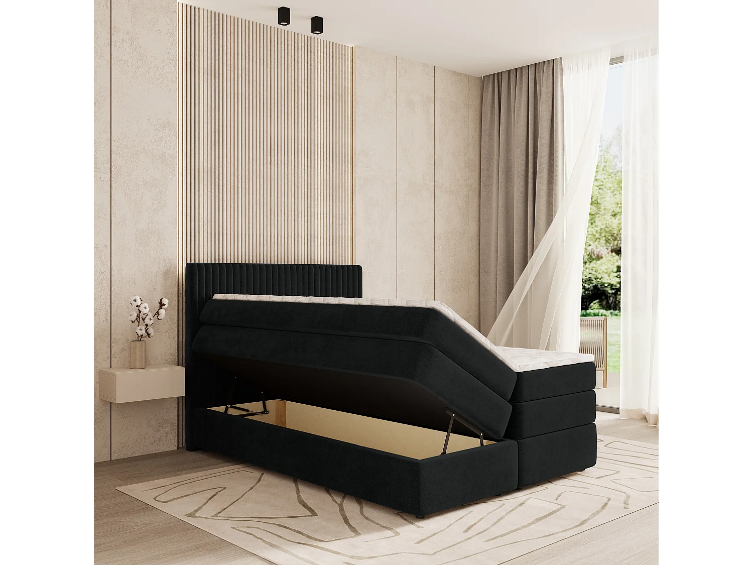 Boxspringbed FELBIO 140x200 cm Set met hoofdbord, bedbodem en matras, Zwart