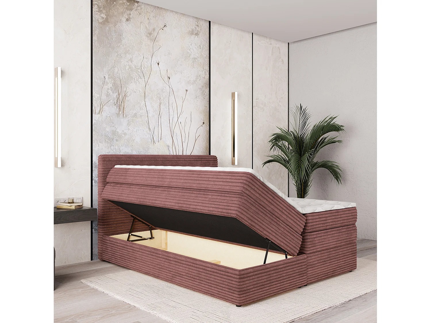 Boxspringbed LUNERA 180x200 cm Set met hoofdbord, bedbodem en matras, Poederroze