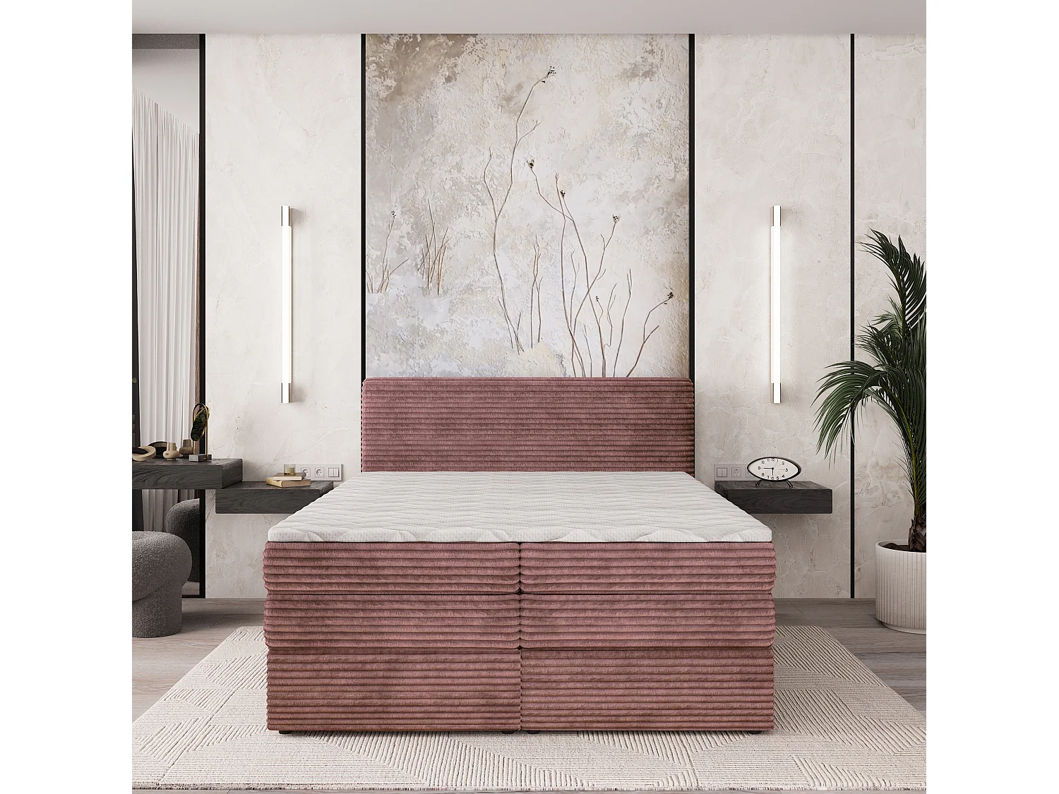 Boxspringbed LUNERA 180x200 cm Set met hoofdbord, bedbodem en matras, Poederroze