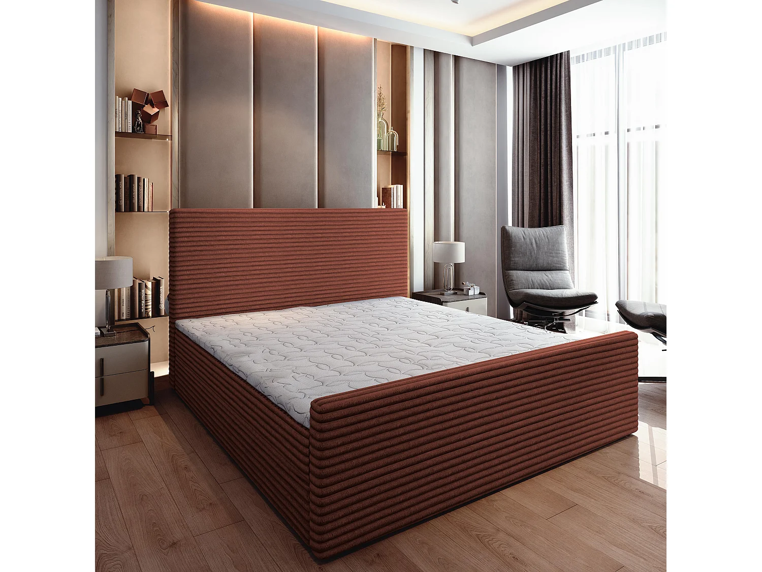 Boxspringbed BRENTO 140x200 cm Set met hoofdbord, bedbodem en matras, Bruin