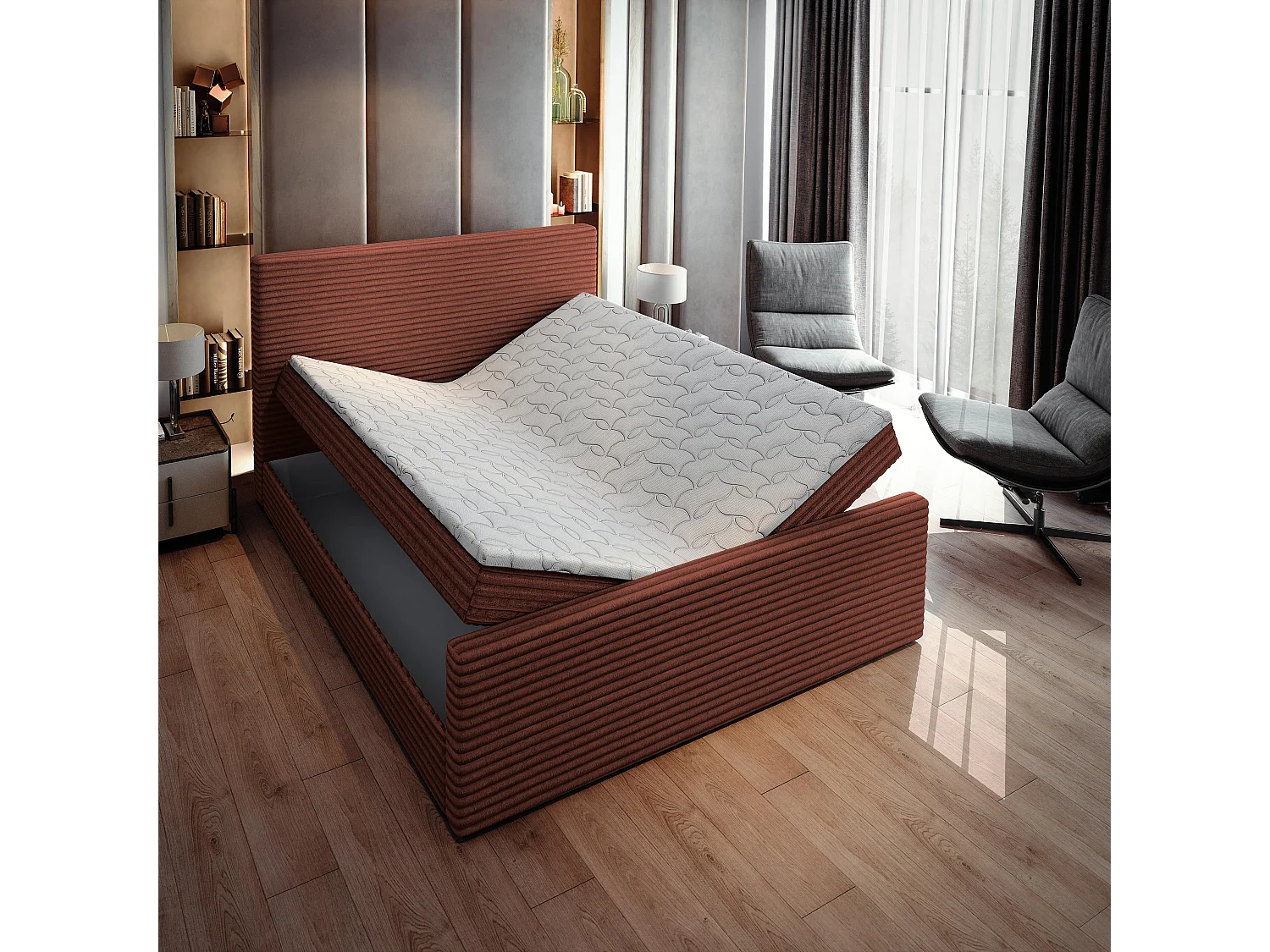 Boxspringbed BRENTO 140x200 cm Set met hoofdbord, bedbodem en matras, Bruin