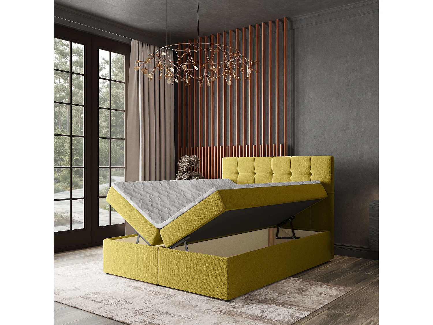 Lit continental PALMA, 160x200 cm, Tissu tressé, Jaune