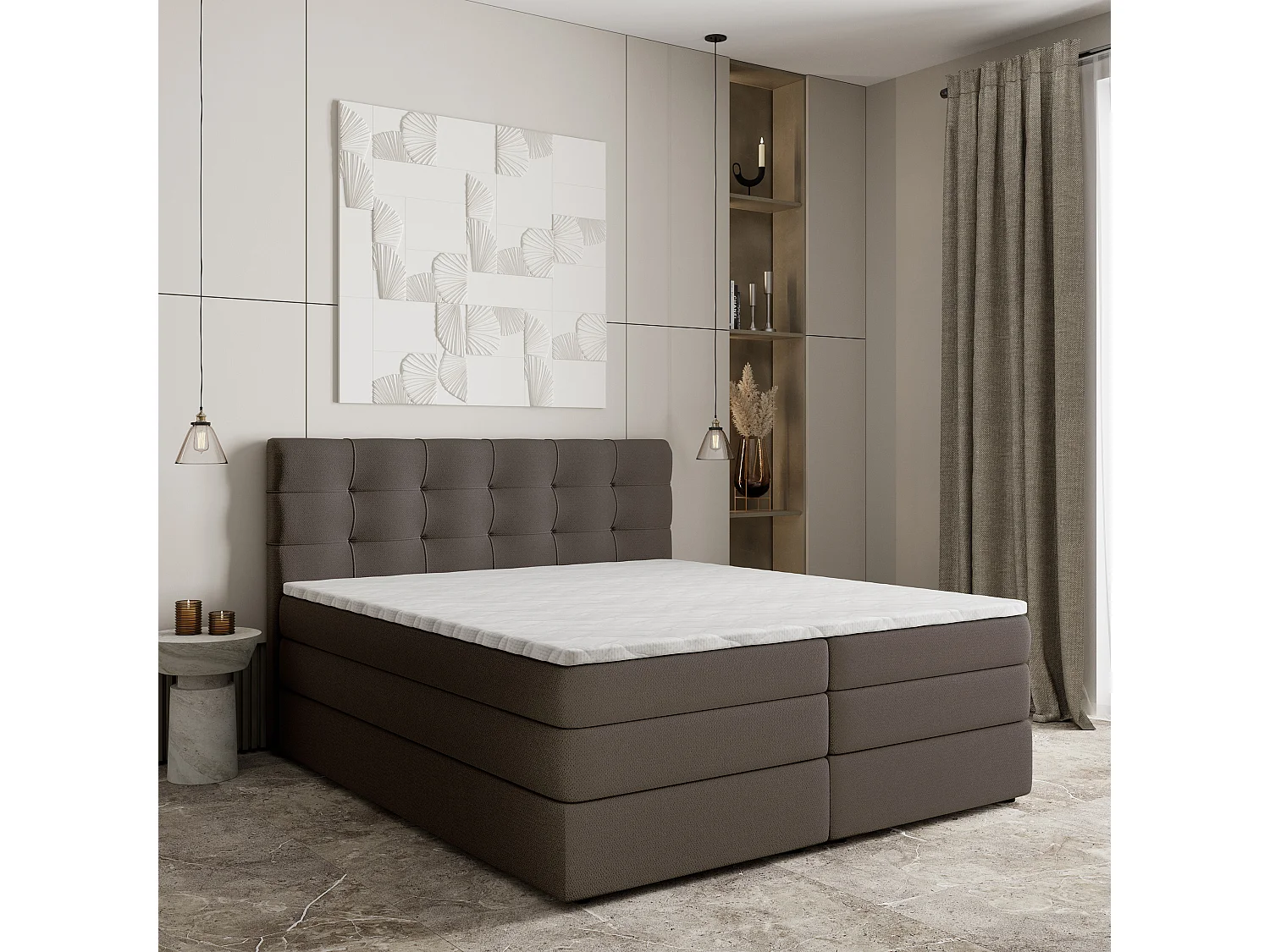 Lit continental AREZI, 140x200 cm, Tissu tressé, Marron