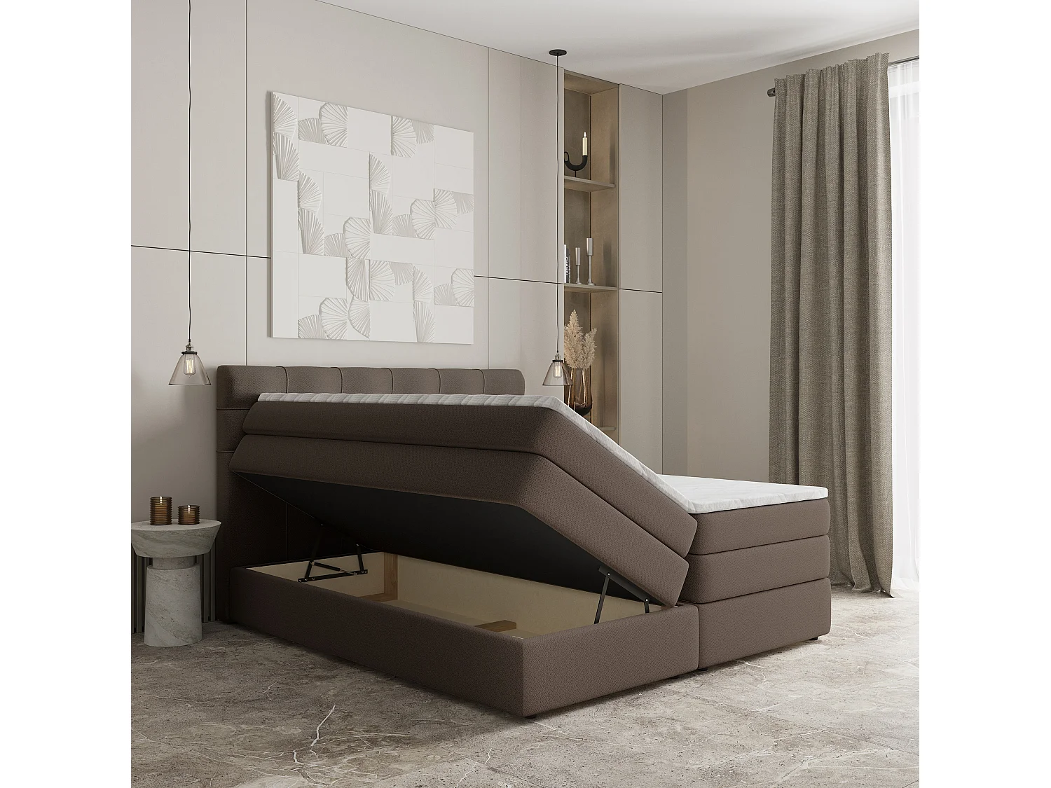 Lit continental AREZI, 140x200 cm, Tissu tressé, Marron