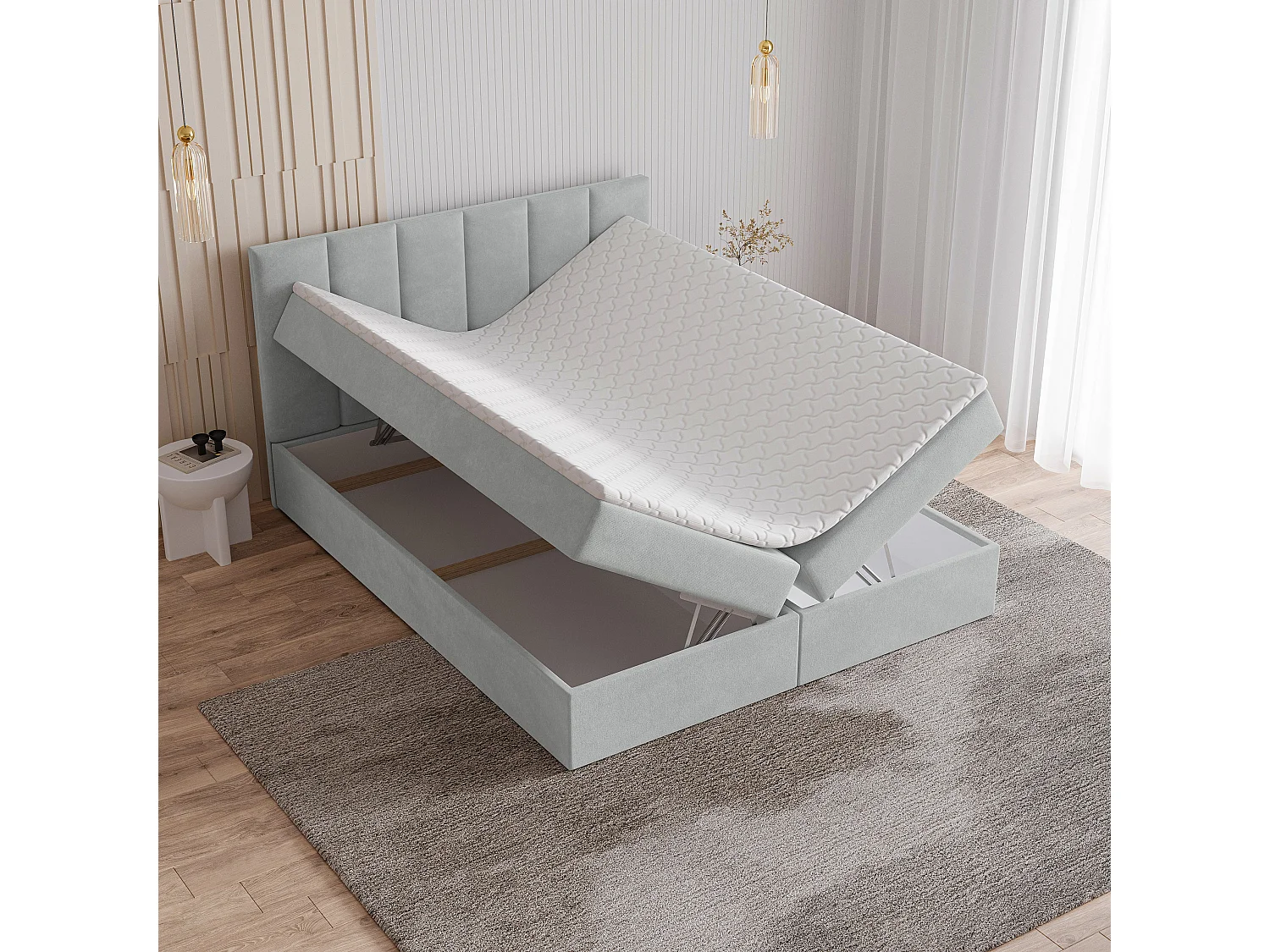 Lit continental MERIL, 160x200 cm, Tissu pelucheux, Gris clair