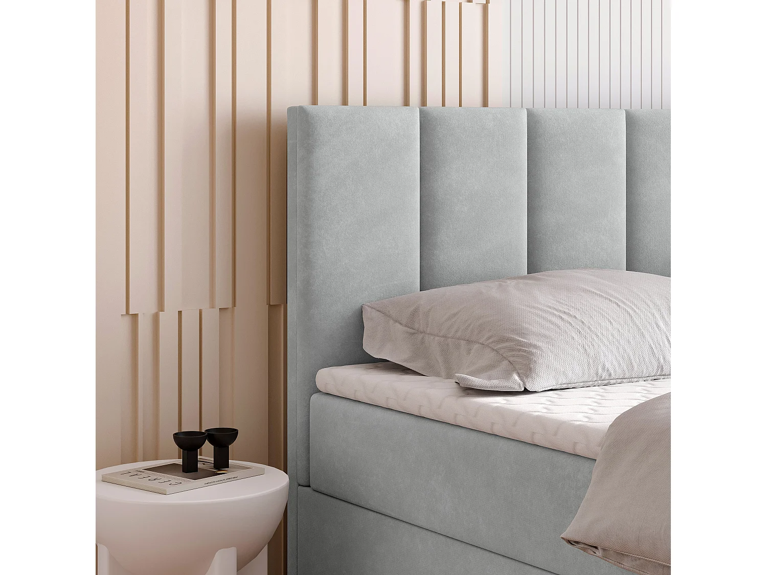 Lit continental MERIL, 160x200 cm, Tissu pelucheux, Gris clair