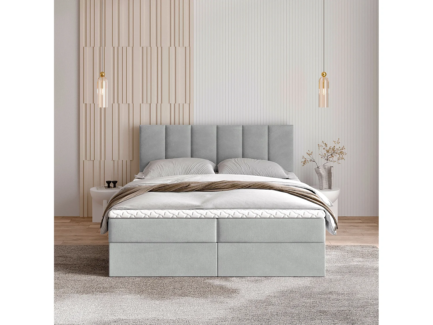 Lit continental MERIL, 160x200 cm, Tissu pelucheux, Gris clair