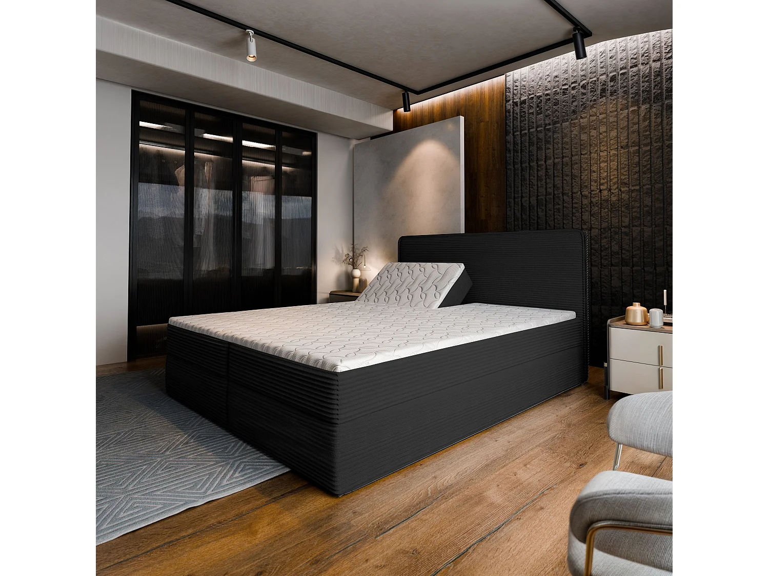 Lit continental ASTOR, 160x200 cm, Tissu en velours côtelé, Noir
