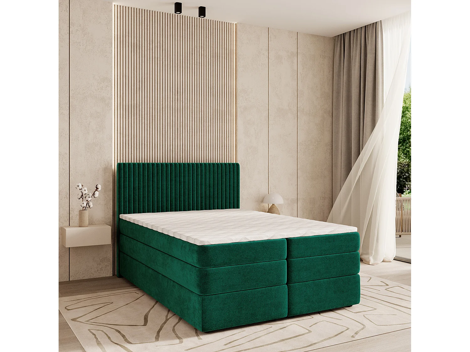 Boxspringbed FELBIO 140x200 cm Set met hoofdbord, bedbodem en matras, Dennengroen