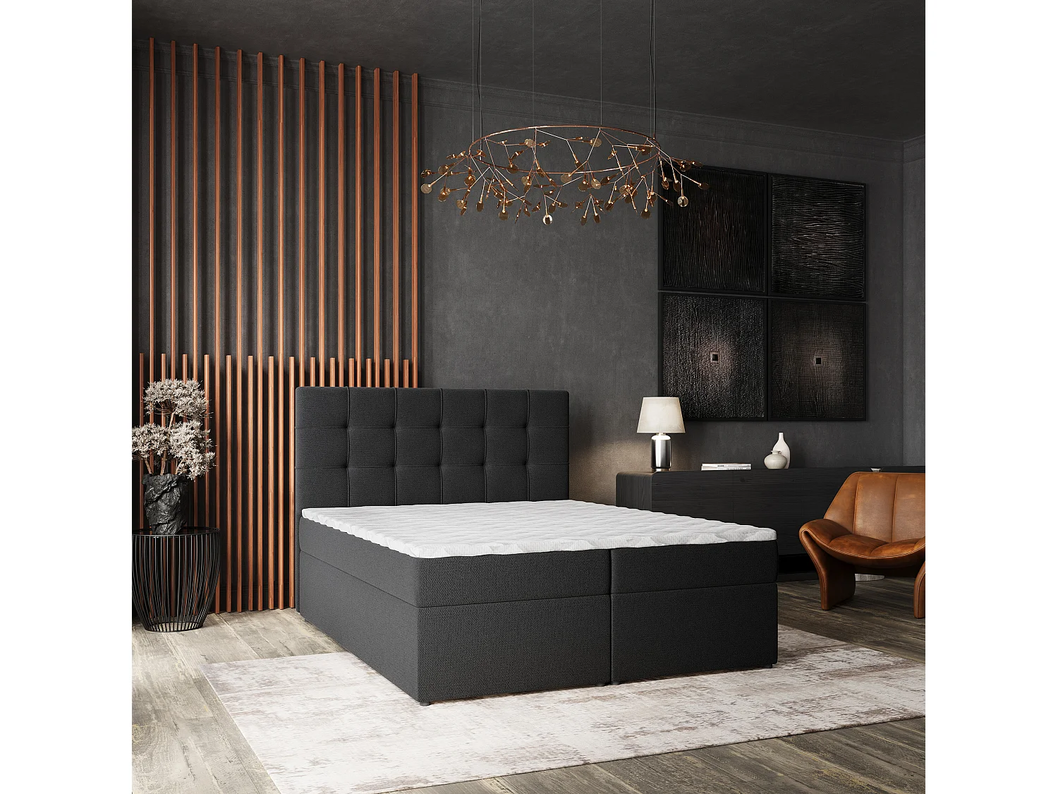 Lit continental PALMA, 180x200 cm, Tissu tressé, Noir