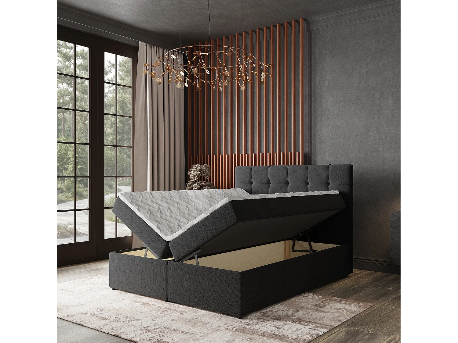 Lit continental PALMA, 180x200 cm, Tissu tressé, Noir