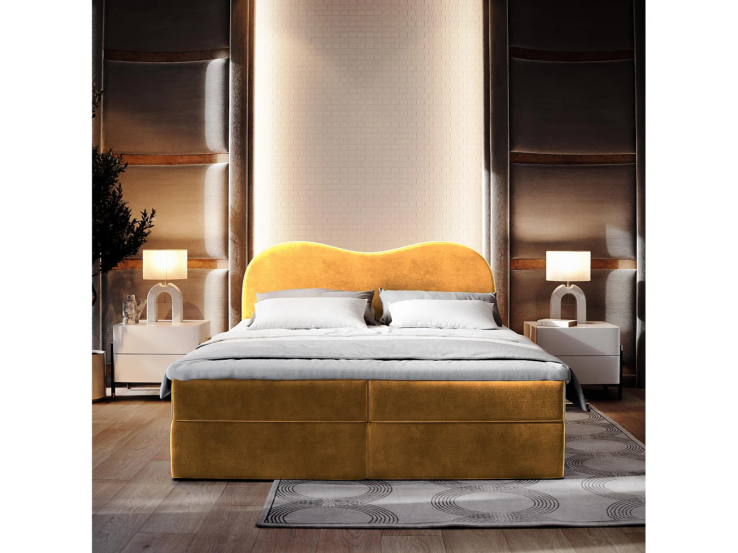 Lit continental FLUVIA, 180x200 cm, Tissu velours, Jaune