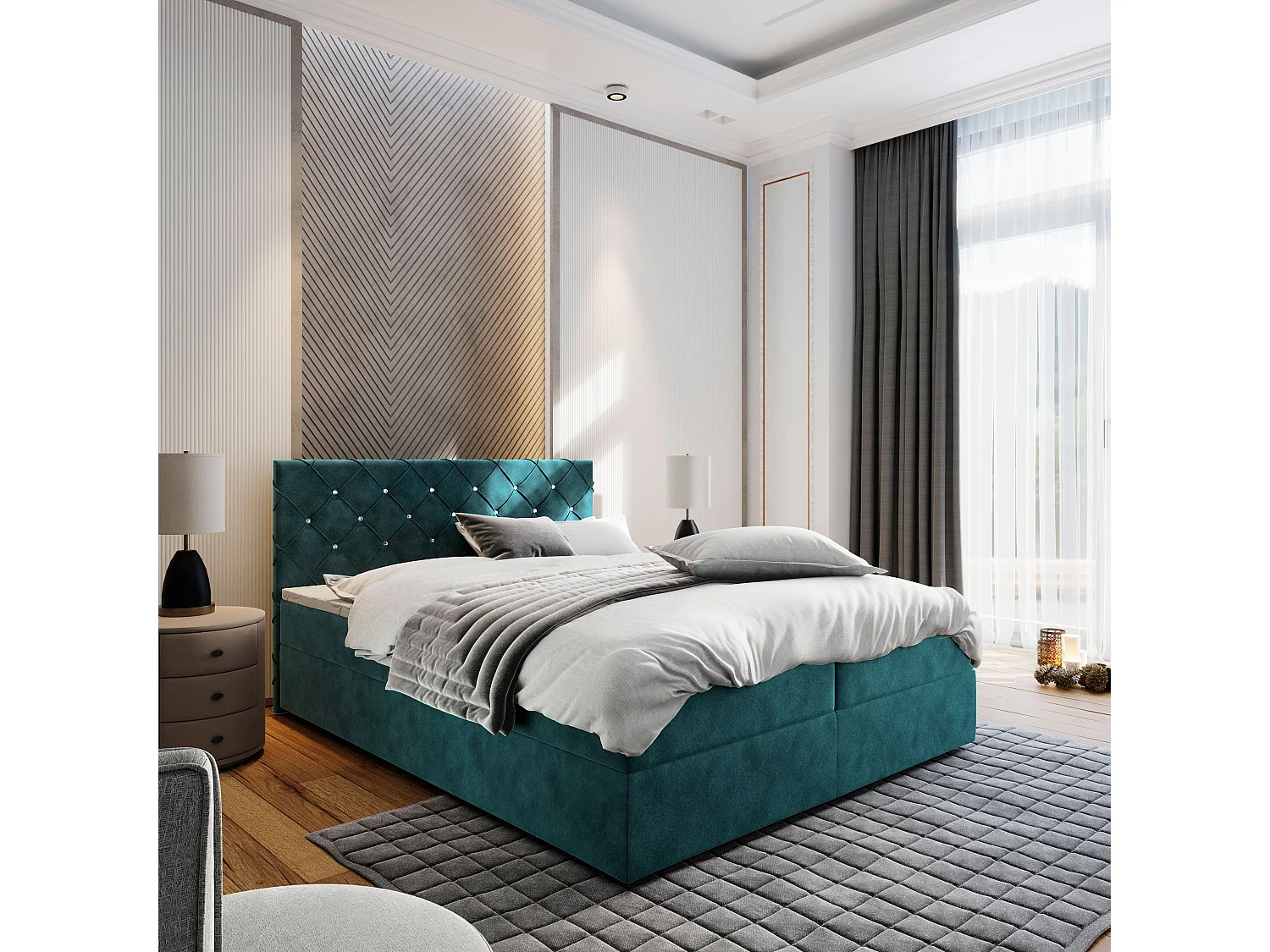 Boxspringbed RIVA 160x200 cm Set met hoofdbord, bedbodem en matras, Groenblauw