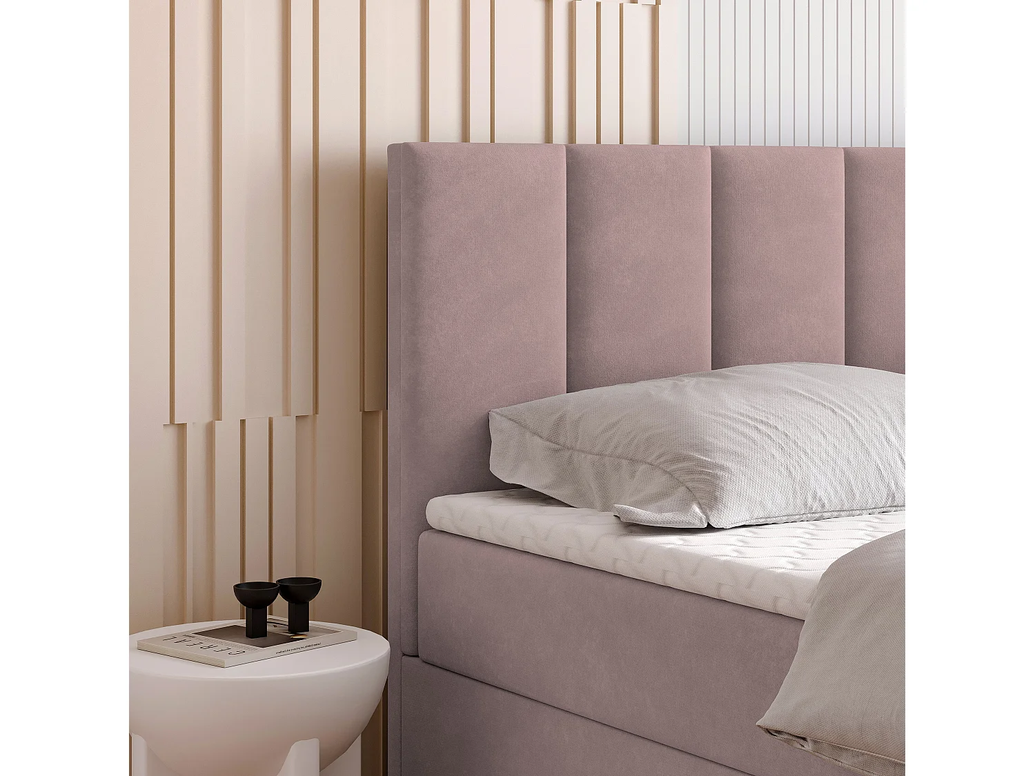 Lit continental MERIL, 140x200 cm, Tissu pelucheux, Rose