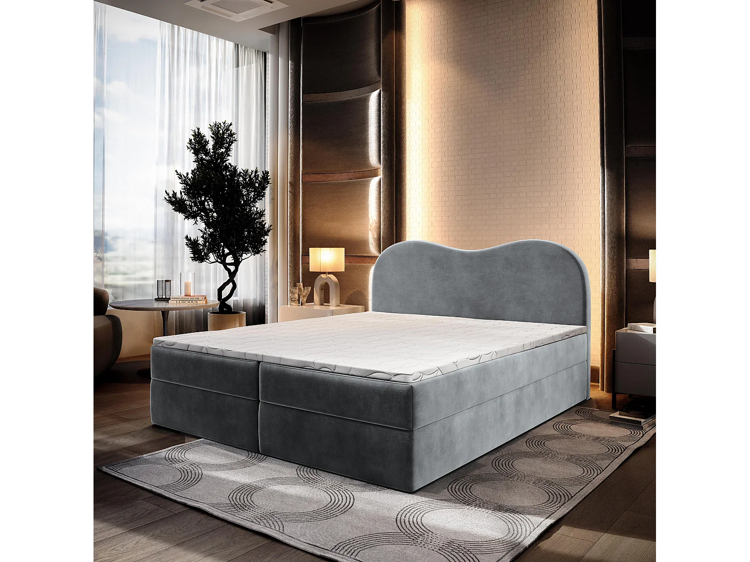 Lit continental FLUVIA, 180x200 cm, Tissu velours, Gris