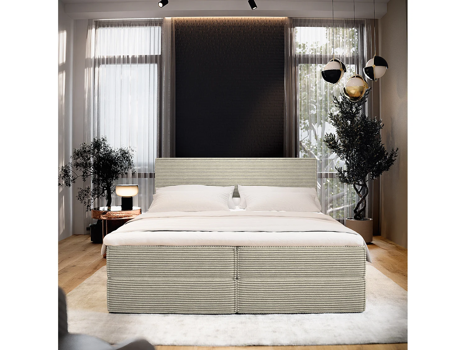 Boxspringbed PELLIO 180x200 cm Set met hoofdbord, bedbodem en matras, Crème