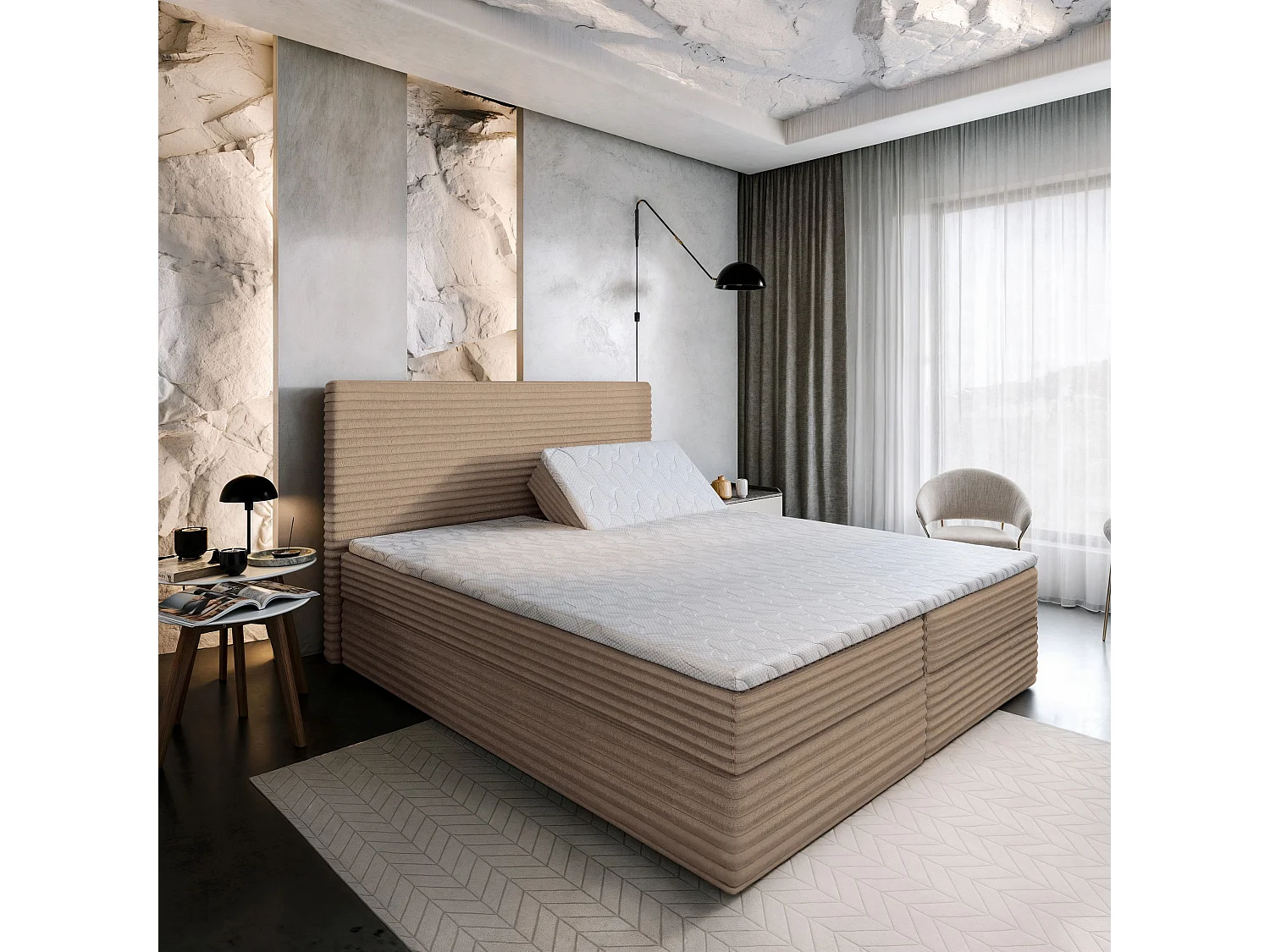 Boxspringbed MILARA 160x200 cm Set met hoofdbord, bedbodem en matras, Beige