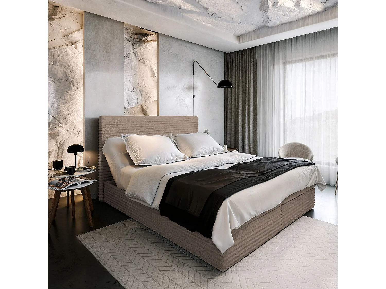 Boxspringbed MILARA 160x200 cm Set met hoofdbord, bedbodem en matras, Beige