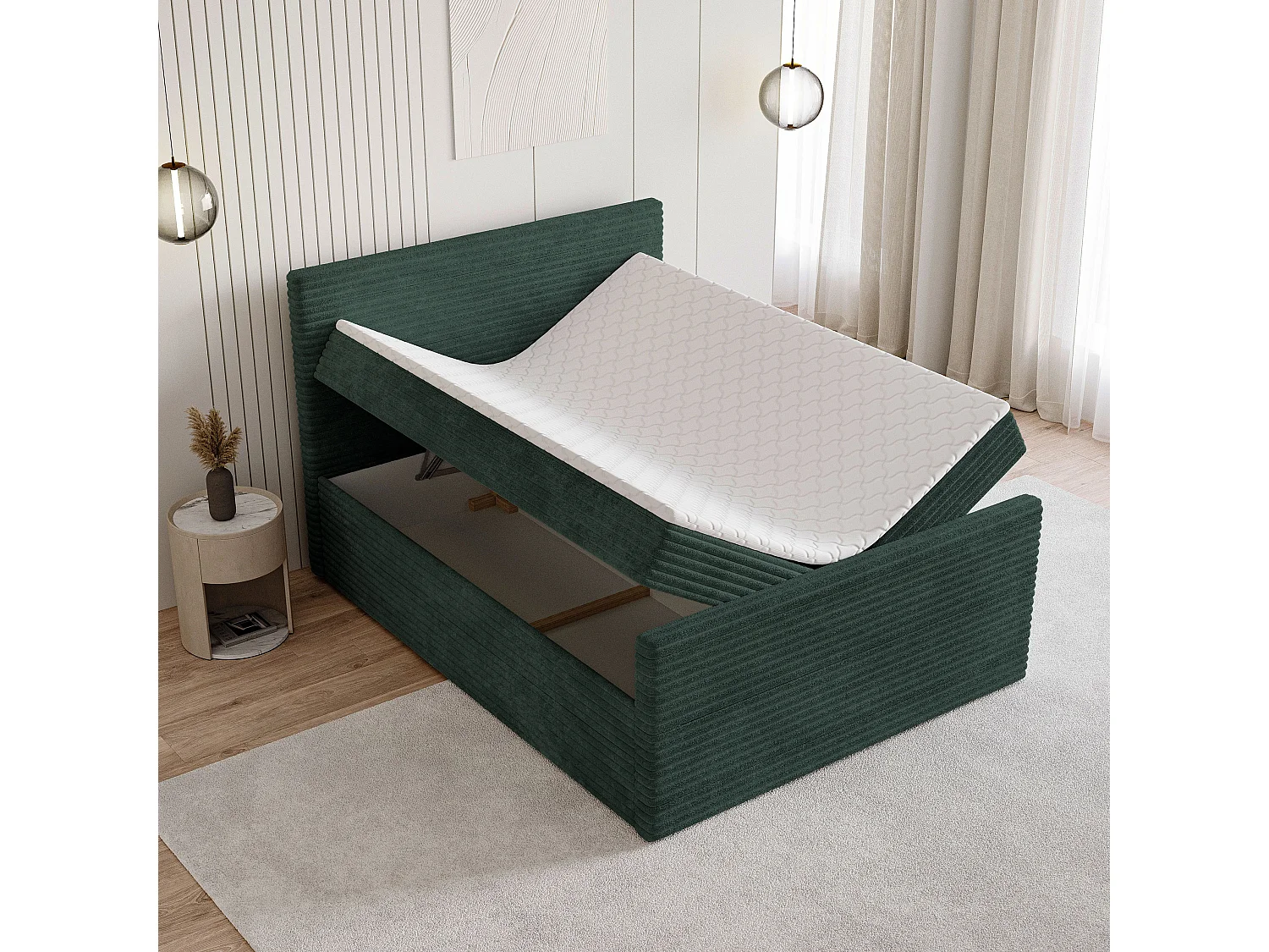 Boxspringbed NOLEN 160x200 cm Set met hoofdbord, bedbodem en matras, Dennengroen