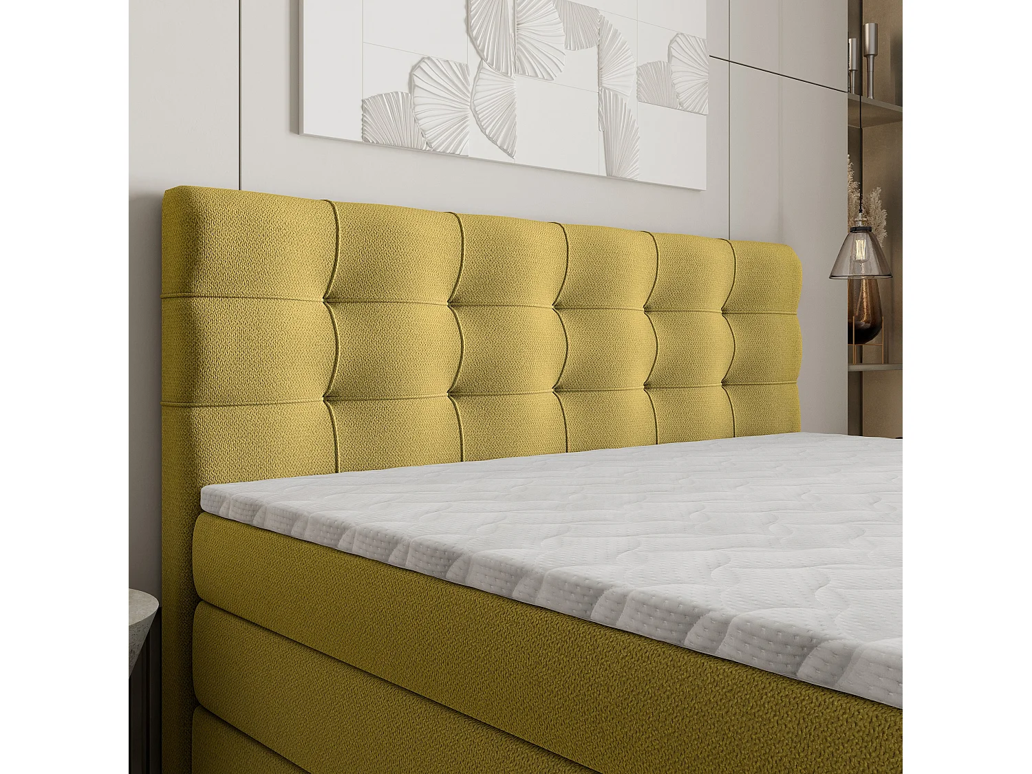 Lit continental AREZI, 160x200 cm, Tissu tressé, Jaune