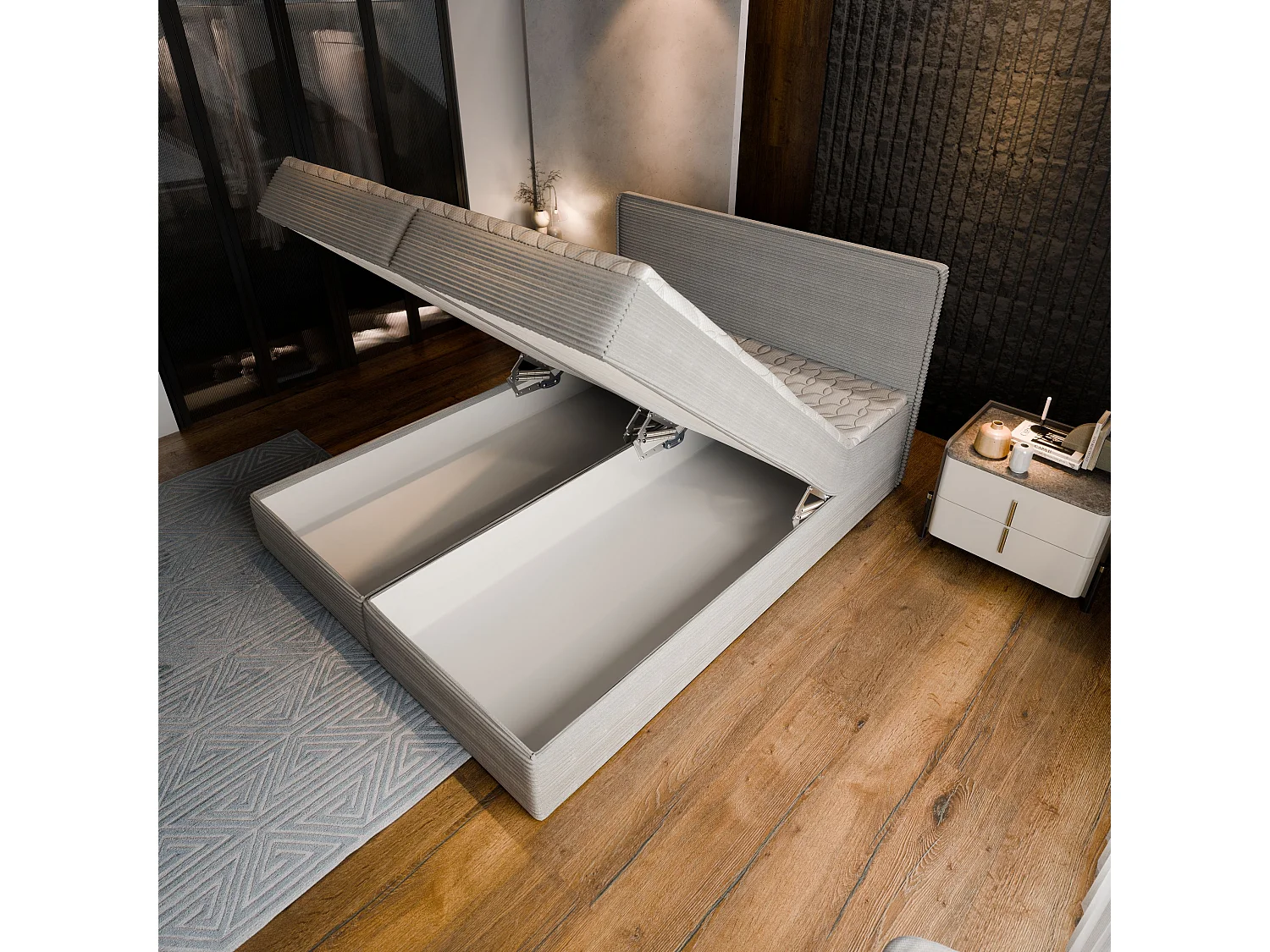 Lit continental ASTOR, 180x200 cm, Tissu en velours côtelé, Rose