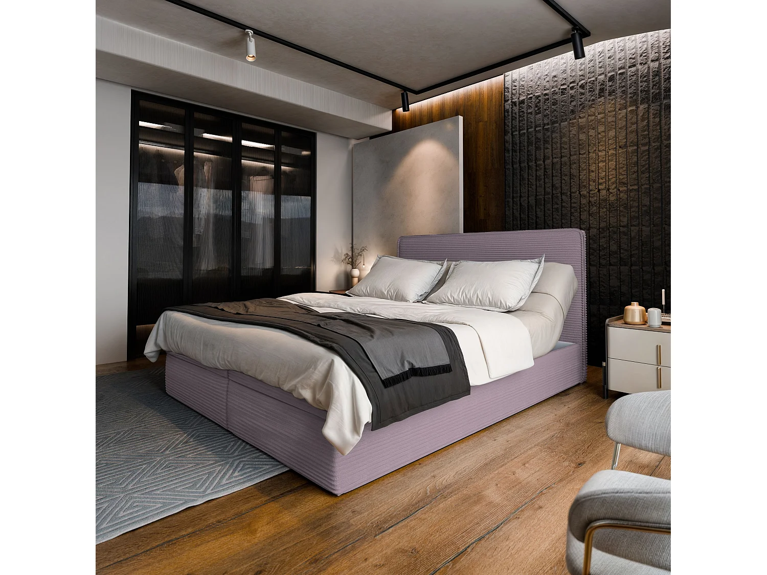 Lit continental ASTOR, 180x200 cm, Tissu en velours côtelé, Rose