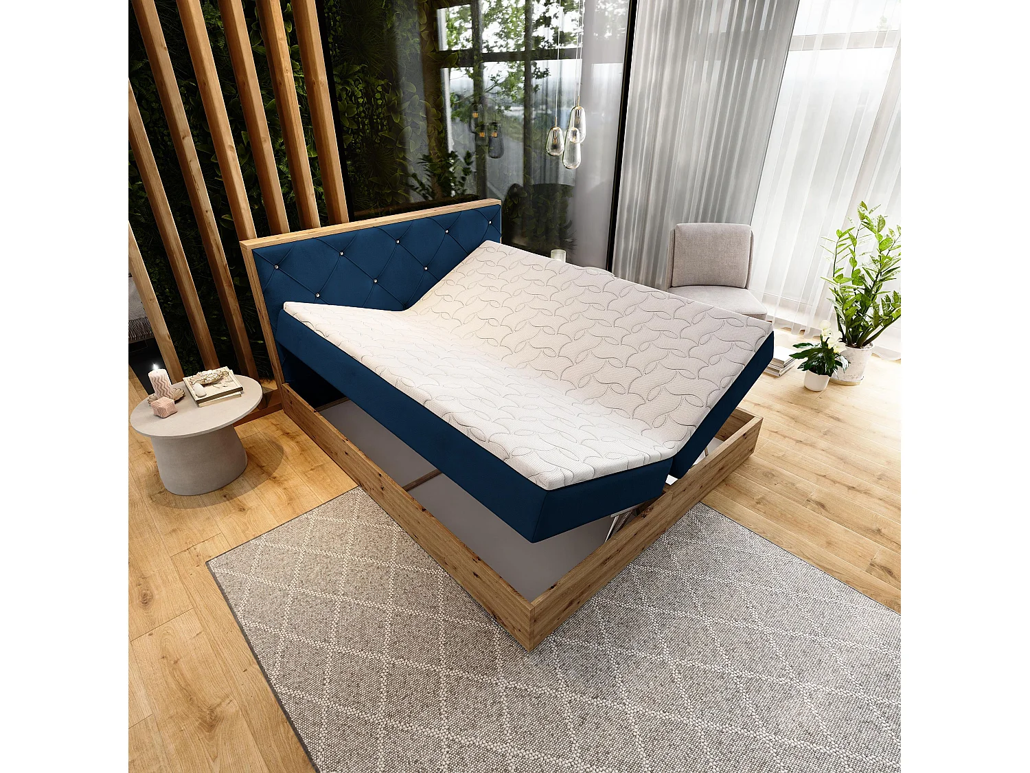 Boxspringbed FOSCO 180x200 cm Set met hoofdbord, bedbodem en matras, Blauw