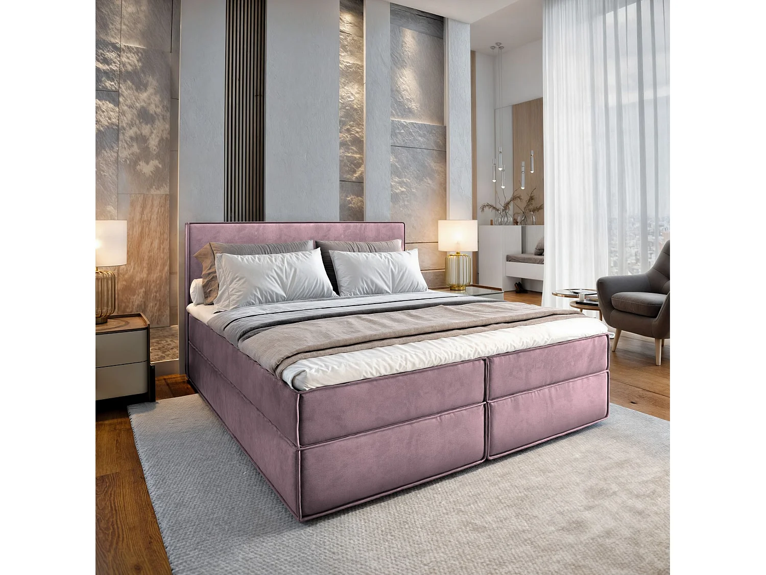 Lit continental PELLIO, 140x200 cm, Tissu velours, Violet
