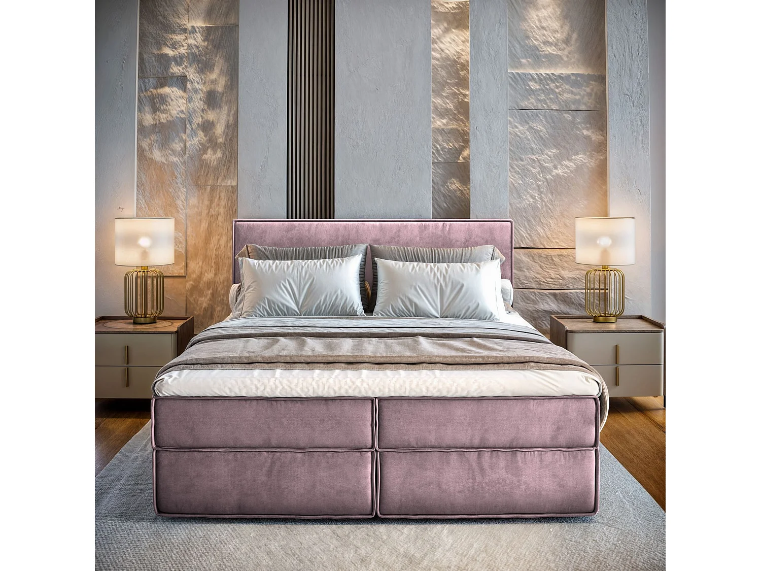 Lit continental PELLIO, 140x200 cm, Tissu velours, Violet
