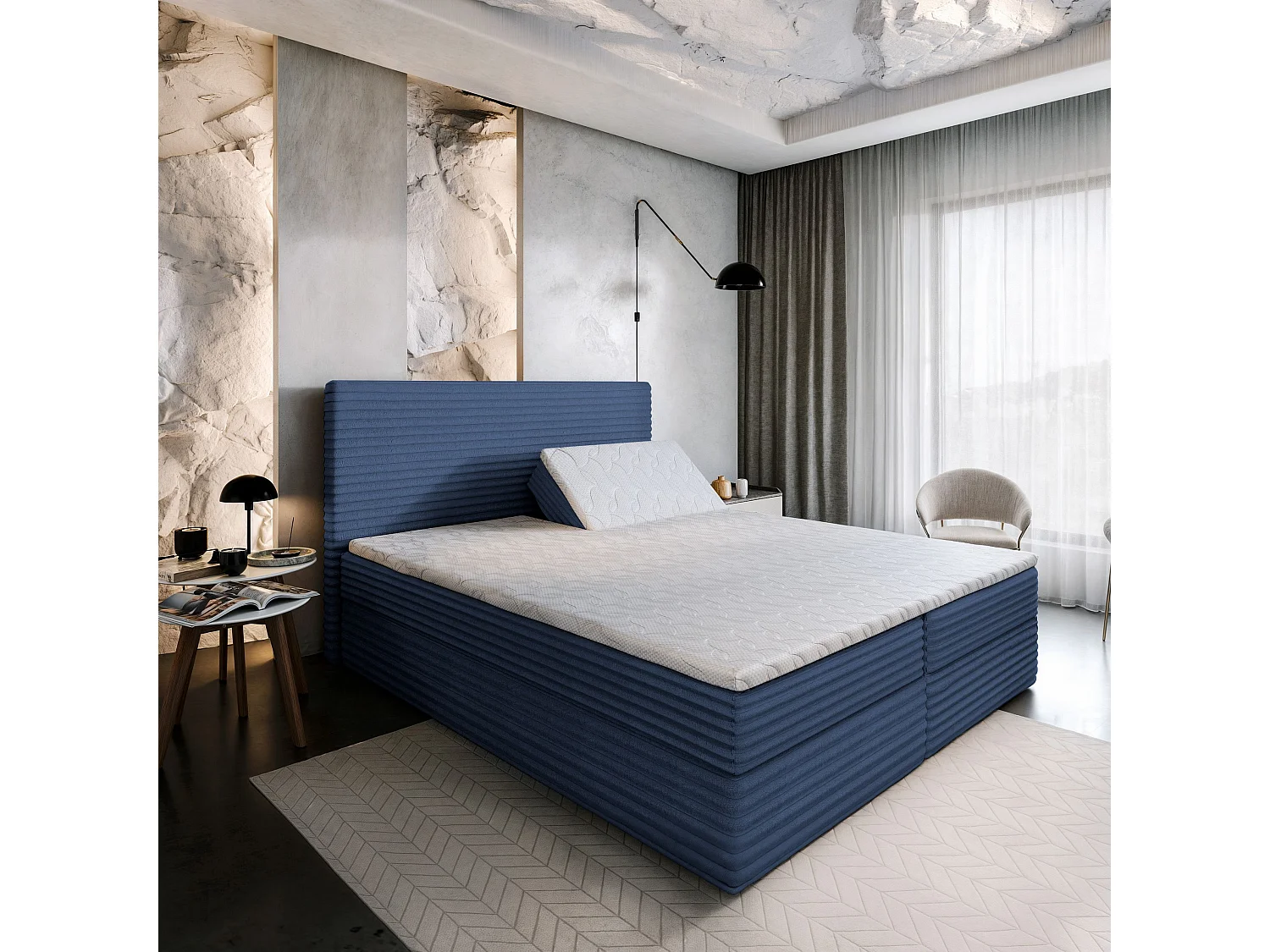 Boxspringbed MILARA 180x200 cm Set met hoofdbord, bedbodem en matras, Blauw
