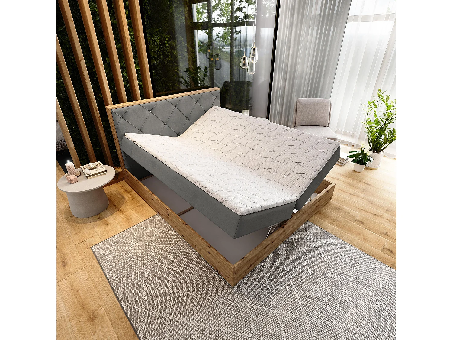 Boxspringbed FOSCO 180x200 cm Set met hoofdbord, bedbodem en matras, Grijs