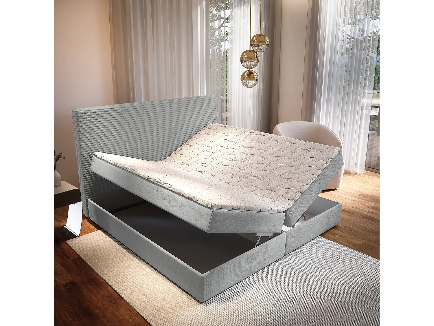 Lit continental GIARRO, 160x200 cm, Tissu pelucheux, Gris clair