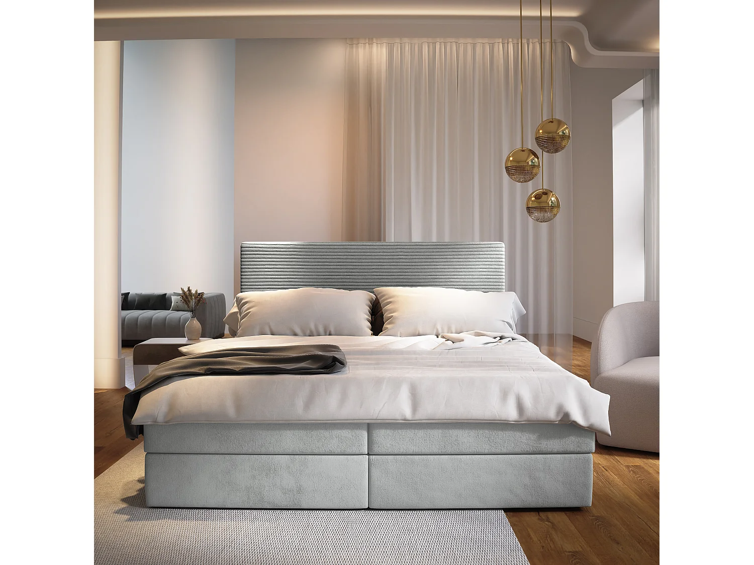 Lit continental GIARRO, 160x200 cm, Tissu pelucheux, Gris clair