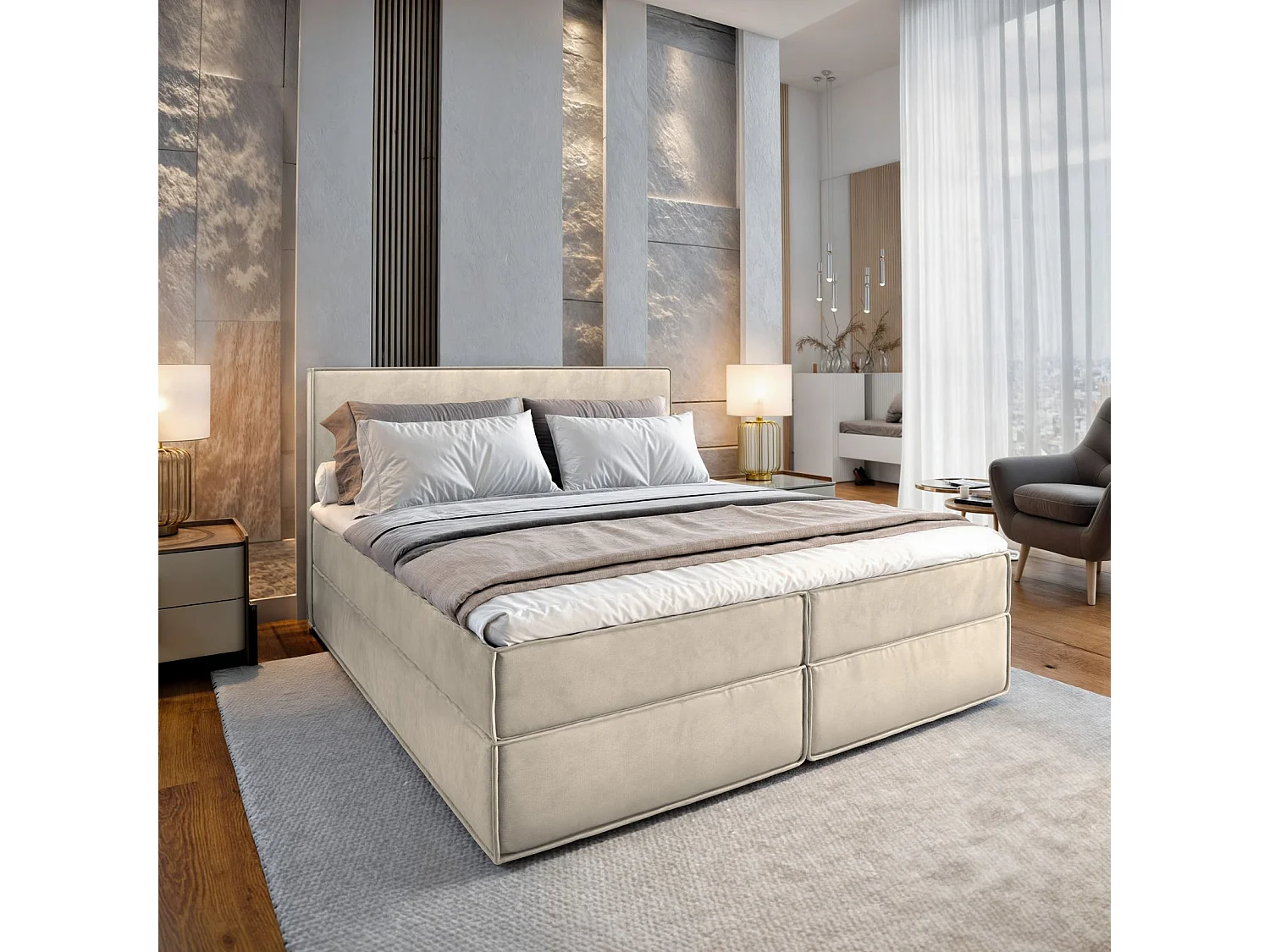 Lit continental PELLIO, 180x200 cm, Tissu velours, Couleur crème