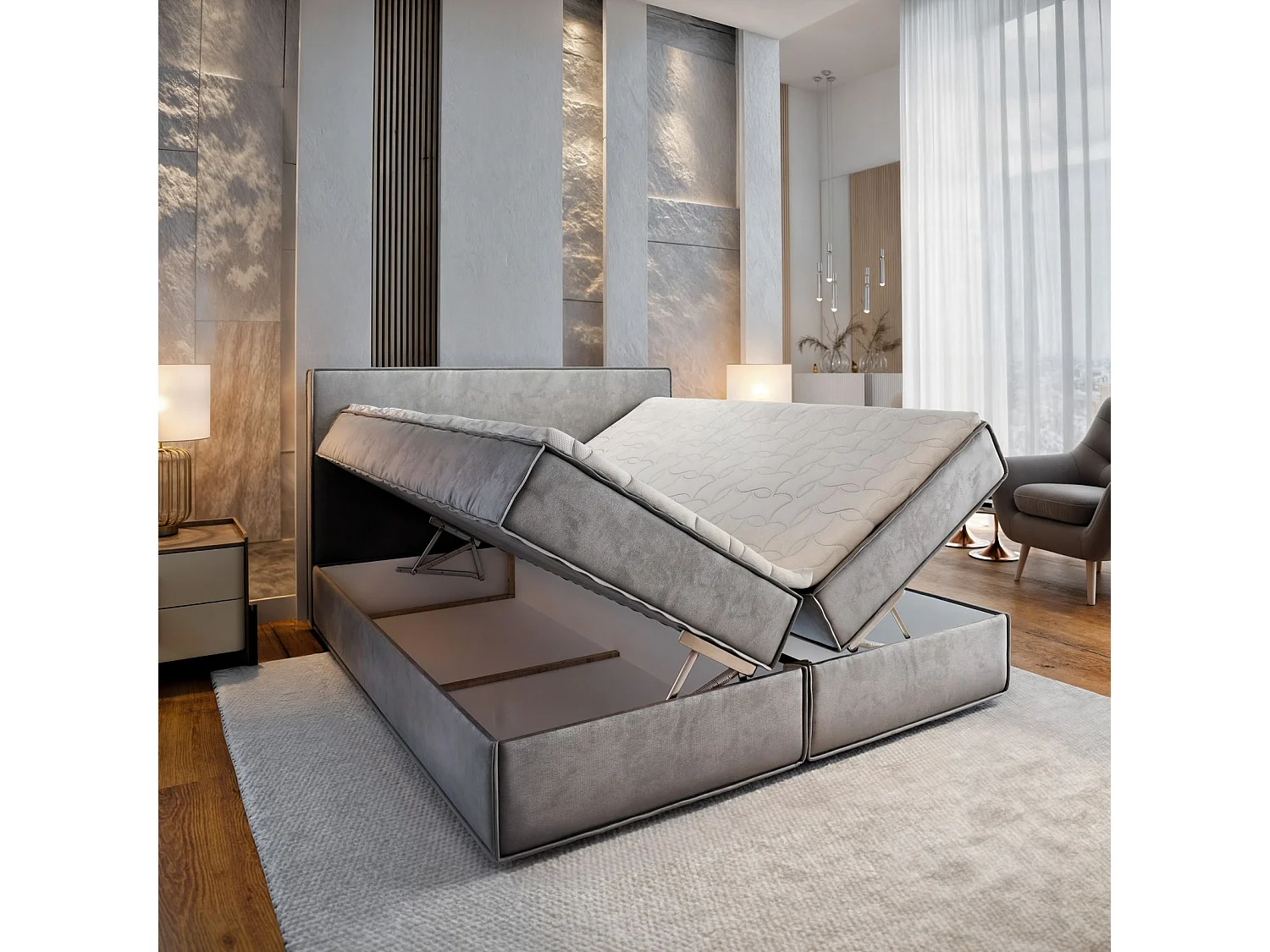 Lit continental PELLIO, 180x200 cm, Tissu velours, Couleur crème