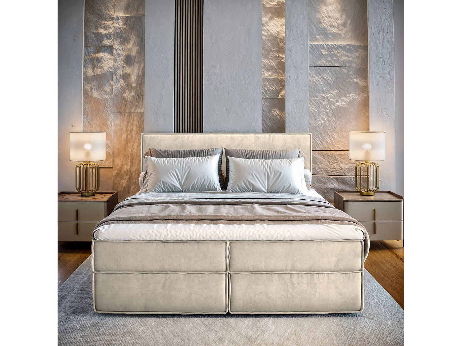 Lit continental PELLIO, 180x200 cm, Tissu velours, Couleur crème