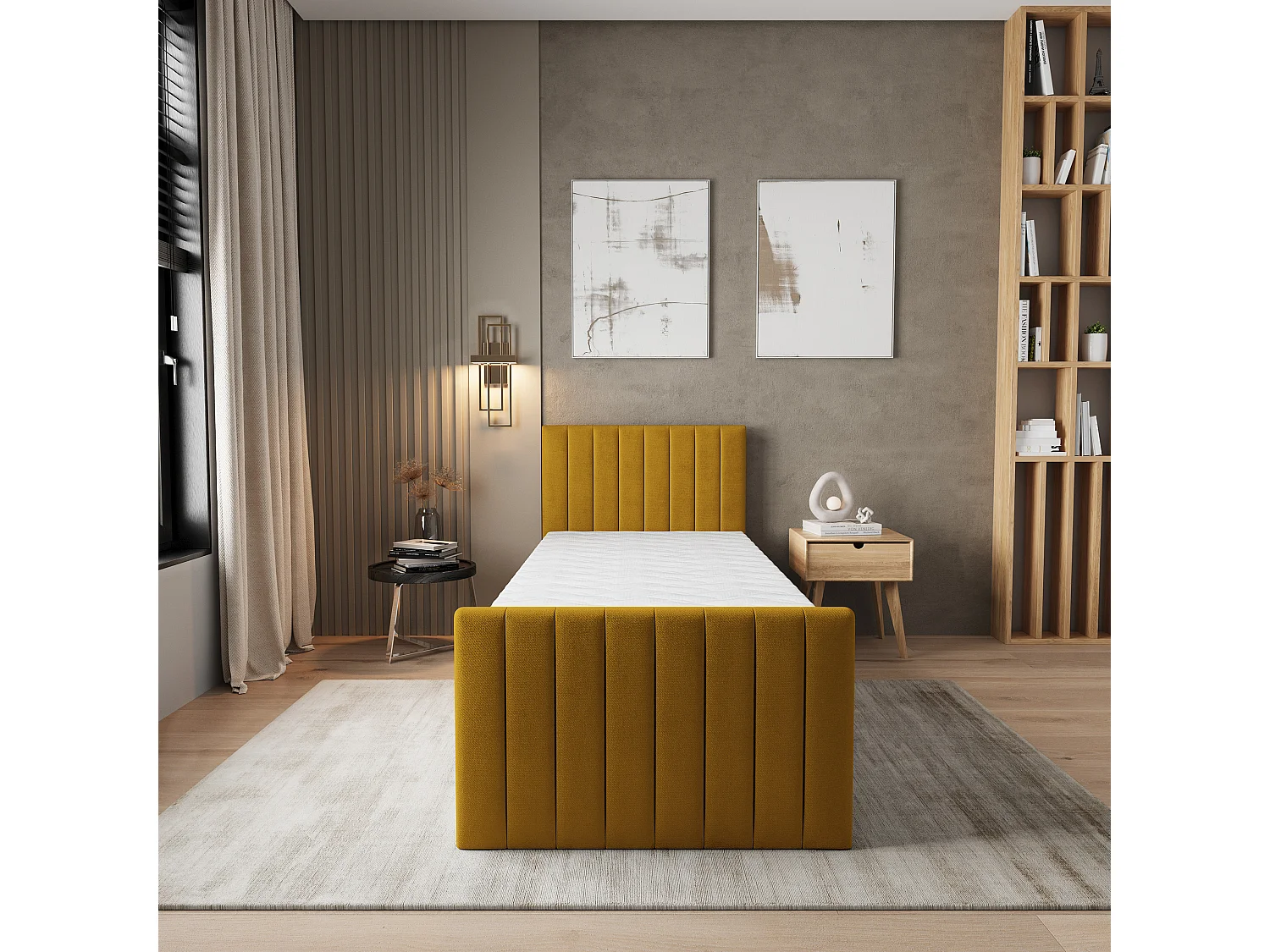 Lit boxspring ARION 90x200 cm avec tête de lit, sommier et matelas, Jaune