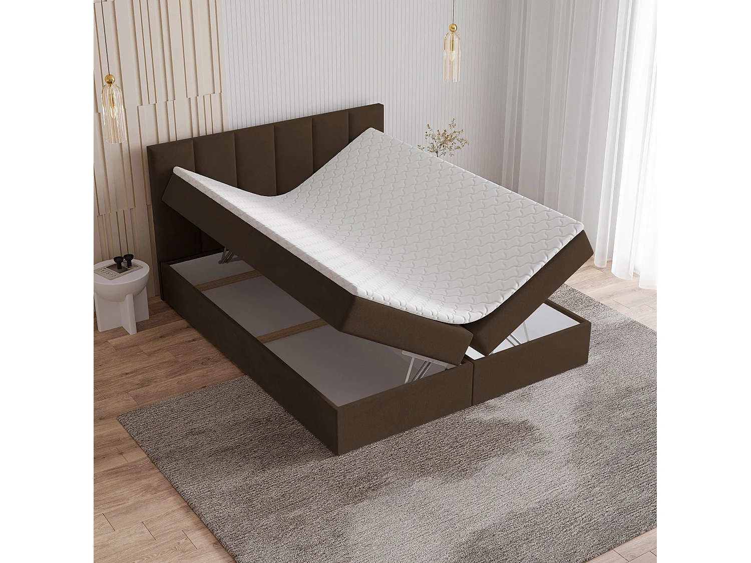 Lit continental MERIL, 180x200 cm, Tissu pelucheux, Marron