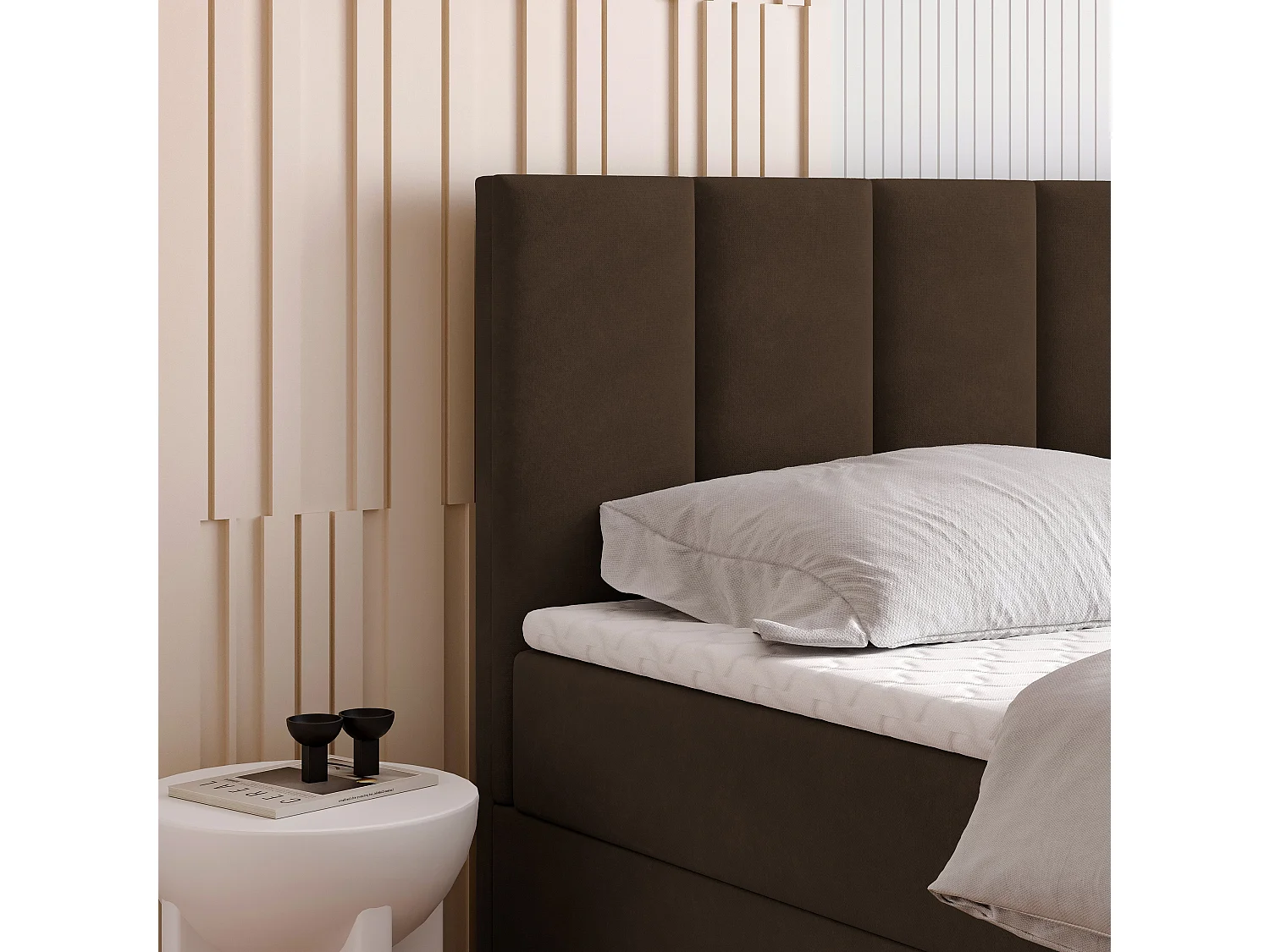 Lit continental MERIL, 180x200 cm, Tissu pelucheux, Marron