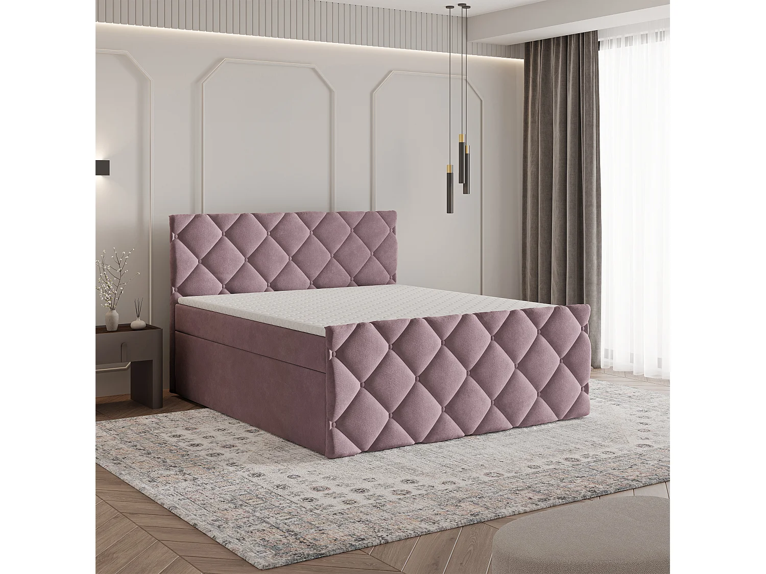 Lit continental ROVARI, 180x200 cm, Tissu pelucheux, Rose