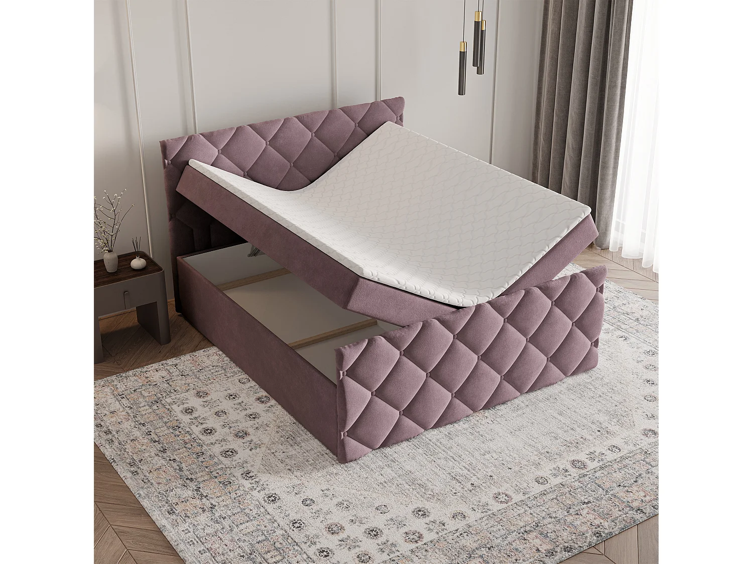 Lit continental ROVARI, 180x200 cm, Tissu pelucheux, Rose