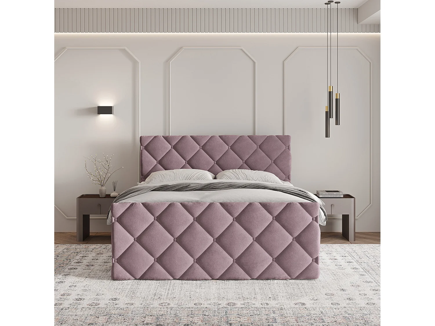 Lit continental ROVARI, 180x200 cm, Tissu pelucheux, Rose