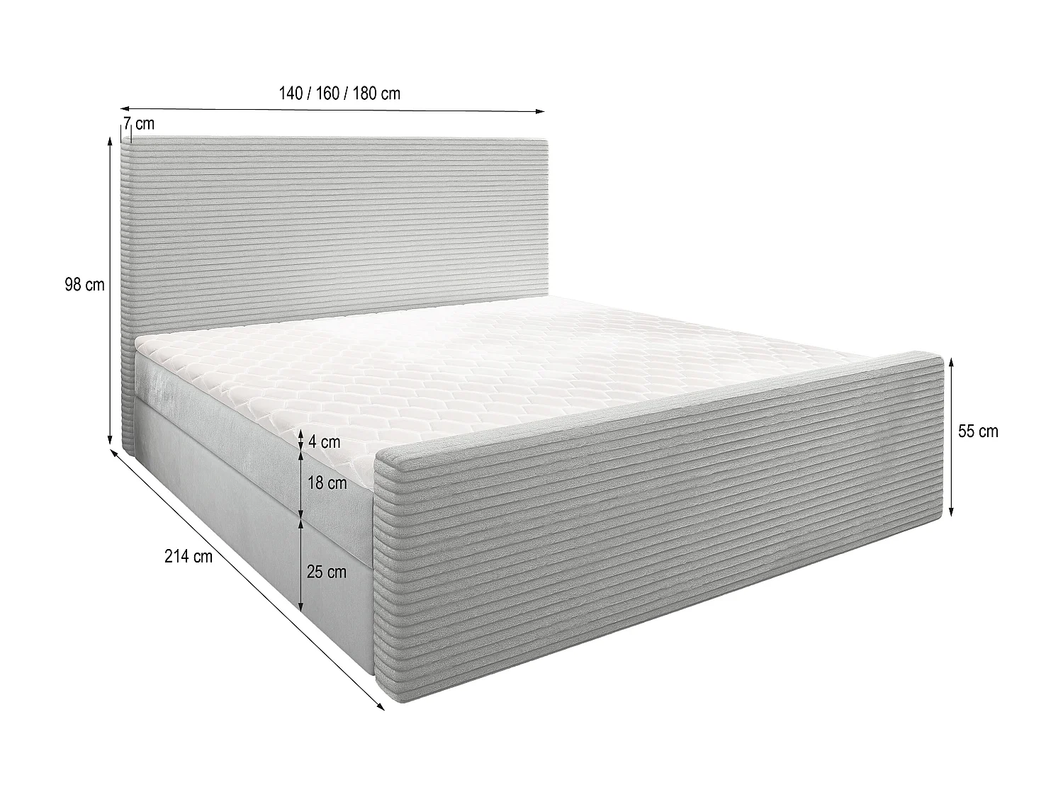 Lit continental ALORIA, 160x200 cm, Tissu pelucheux, Gris