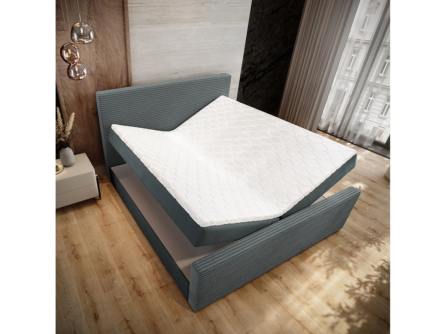 Lit continental ALORIA, 160x200 cm, Tissu pelucheux, Gris