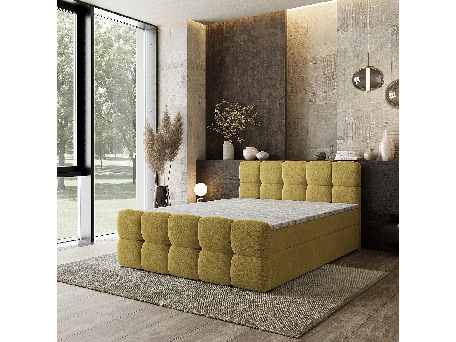 Boxspringbed BRUME 140x200 cm Set met hoofdbord, bedbodem en matras, Geel