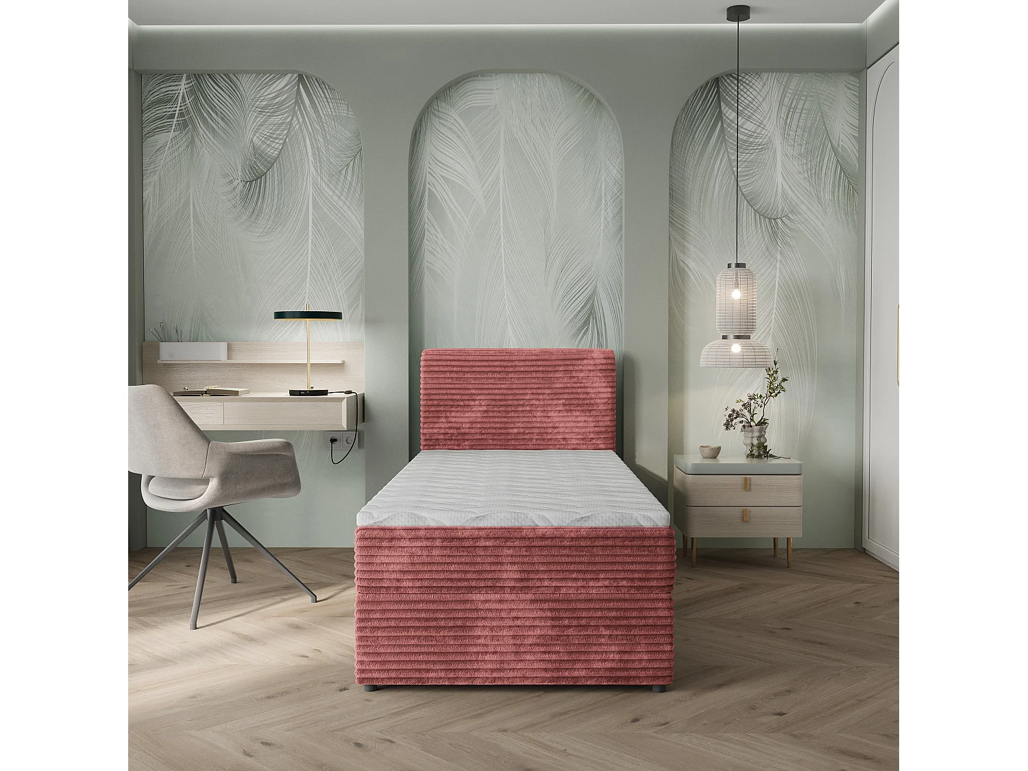 Lit boxspring PISA 80x200 cm avec tête de lit, sommier et matelas, Rose poudré